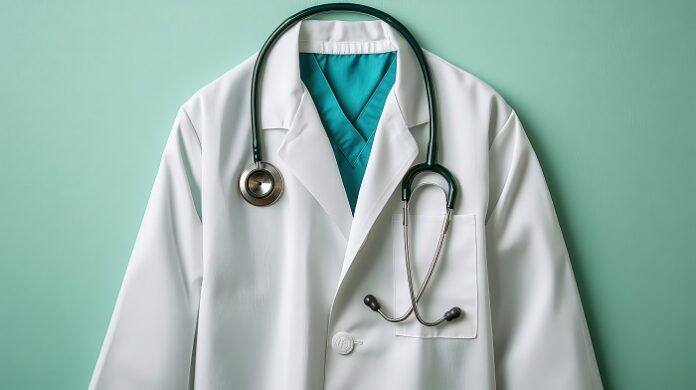 Close-up View of a Doctors White Coat and Stethoscope on a Light Pastel Green Background