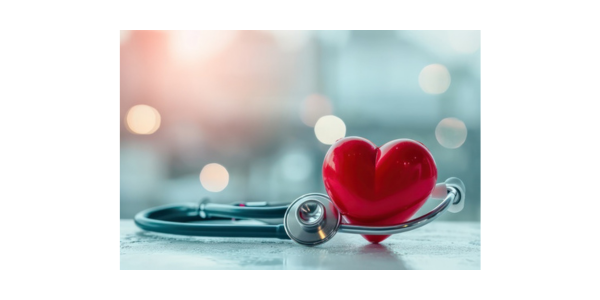 Stethoscope and heart on a cardiogram background, showcasing medical tools for cardiology, health, and heartbeat examination in a white and red setting