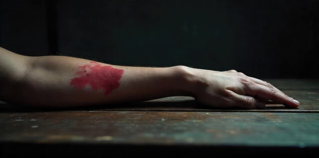 Bruised Arm, Single Tear Dimly Lit Portrait of Vulnerability and Isolation on Worn Wood