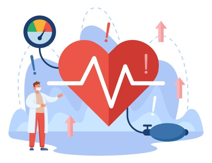 Tiny doctor and heart of patient with high blood pressure