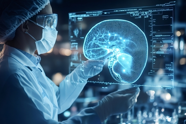 Medical doctor analyz human brain using futuristic transparent screen interface