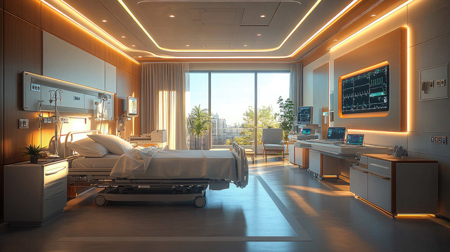 Modern Hospital Room Interior Design with Advanced Medical Equipment and Large Window View of Cityscape