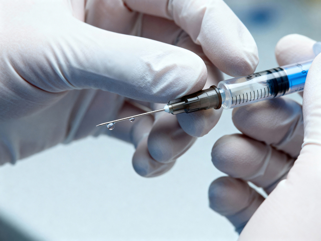 Close-up view of a syringe with a drop of liquid before a medical procedure