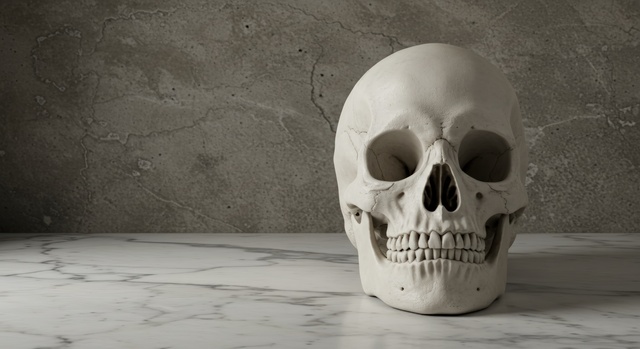 Anatomical skull on marble surface against concrete wall