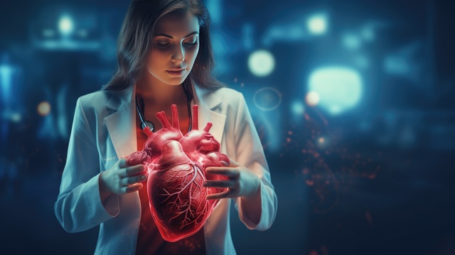 Female doctor touchstone virtual heart in hand hand drawn human
