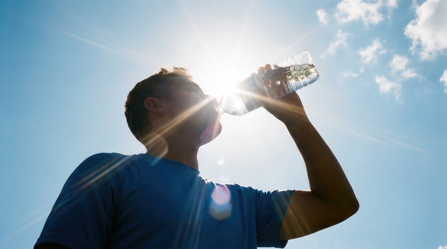 Silhouette of a man drinking water from a bottle under the brigh